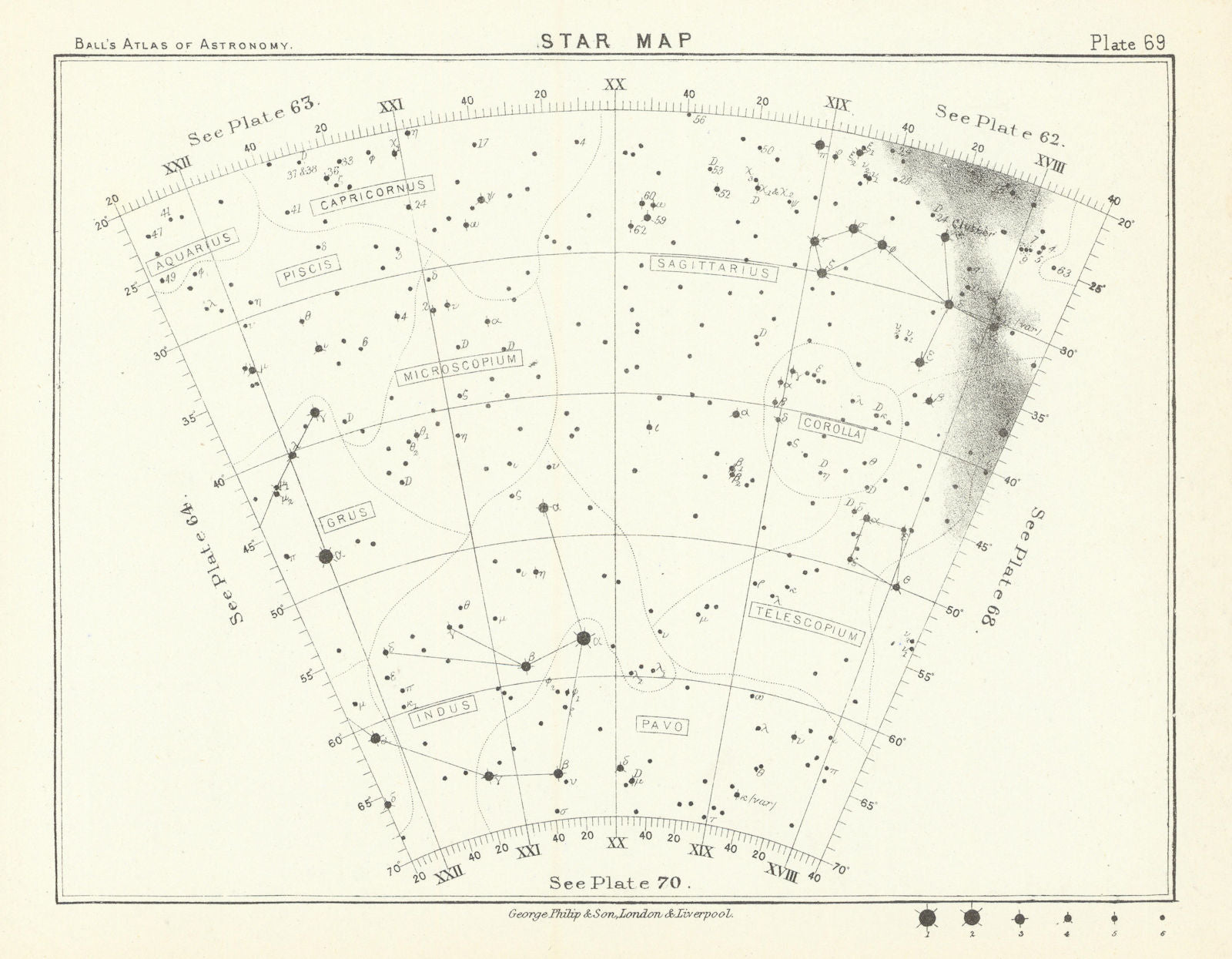 Star map night sky Aquarius Capricornus Corolla Grus Indus Pavo Sagittarius 1892